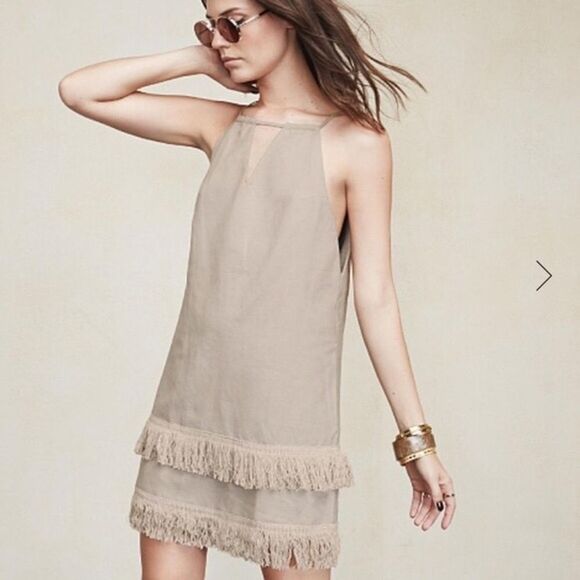 Reformation Small Beige Oatmeal Lindos Fringe Mini Linen Dress - Picture 1 of 8